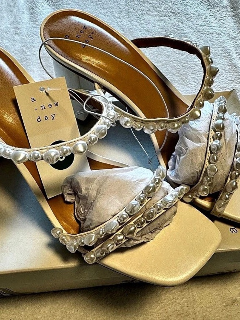 A New Day Audra Mule Heels Pearl Strap Sandals Beige